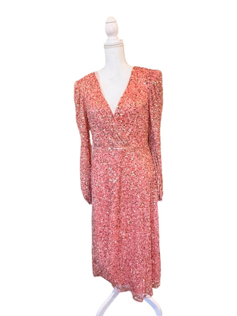 Mac Duggal Pink Sequin Long-Sleeve Midi Dress Size 10 NWT